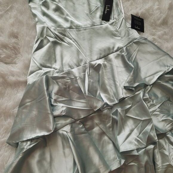 Lulus Mint Blue Satin Tiered Asymmetrical Midi Dress - Picture 13 of 14